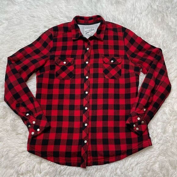 BC Clothing Jacket Pearl Snap Shirt Fleece Lined Red Black Checkered Womens Smal - Picture 1 of 9